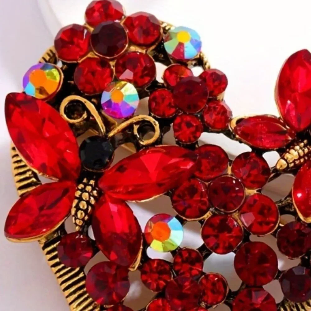 NWT Red Rhinestone Crystal Heart Butterfly Brooch Vintage Gold Tone Statement